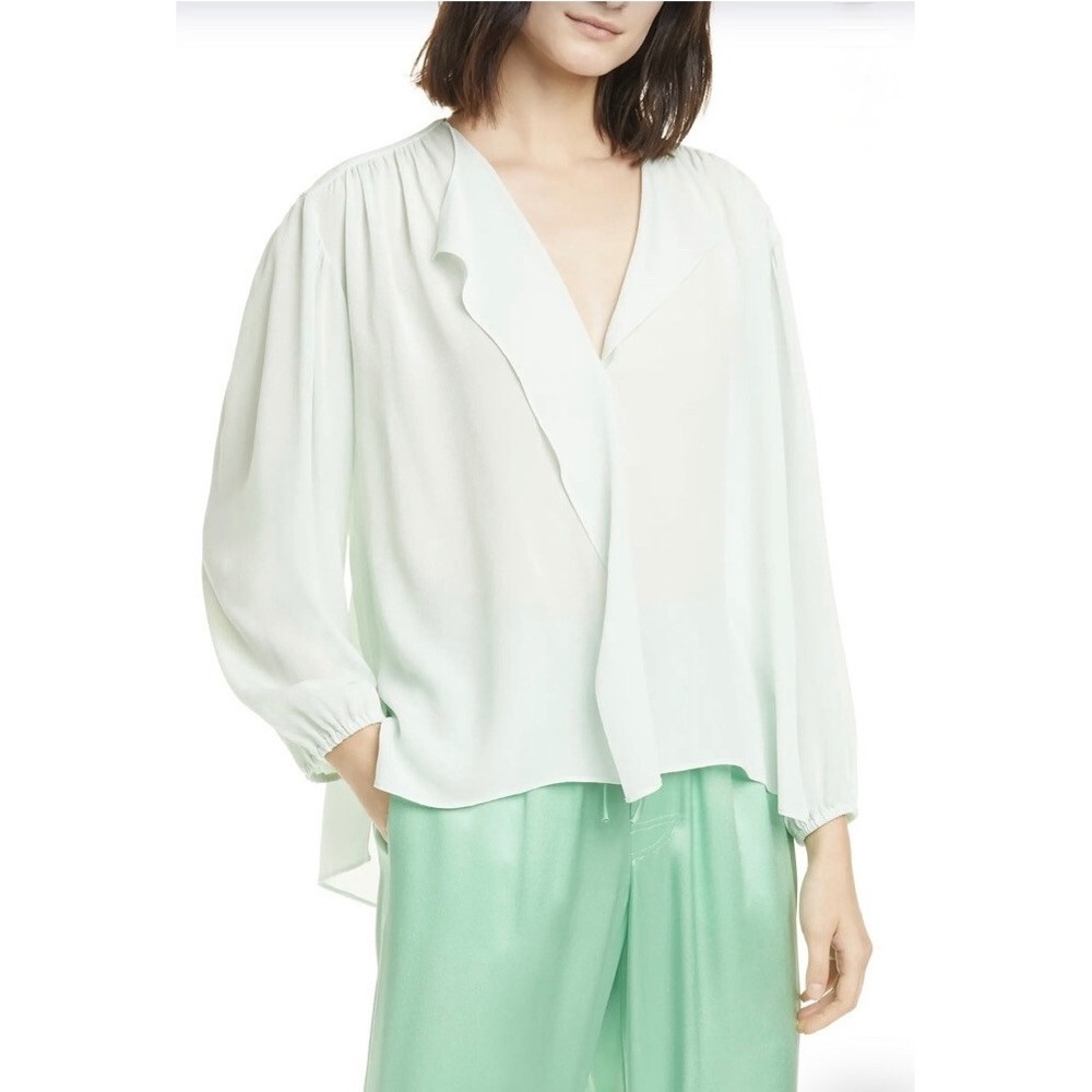 Vince Shirred Long Sleeve Silk Blouse Seafoam Green Size M